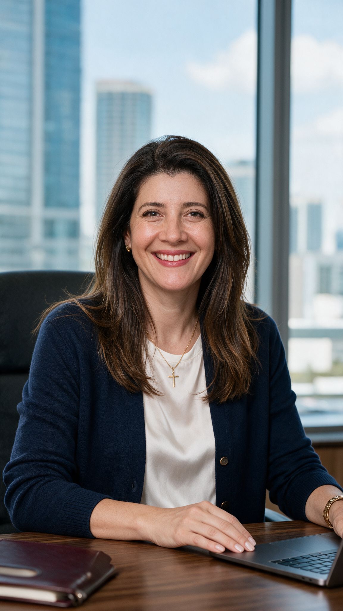 Marcia sentada à mesa de trabalho
