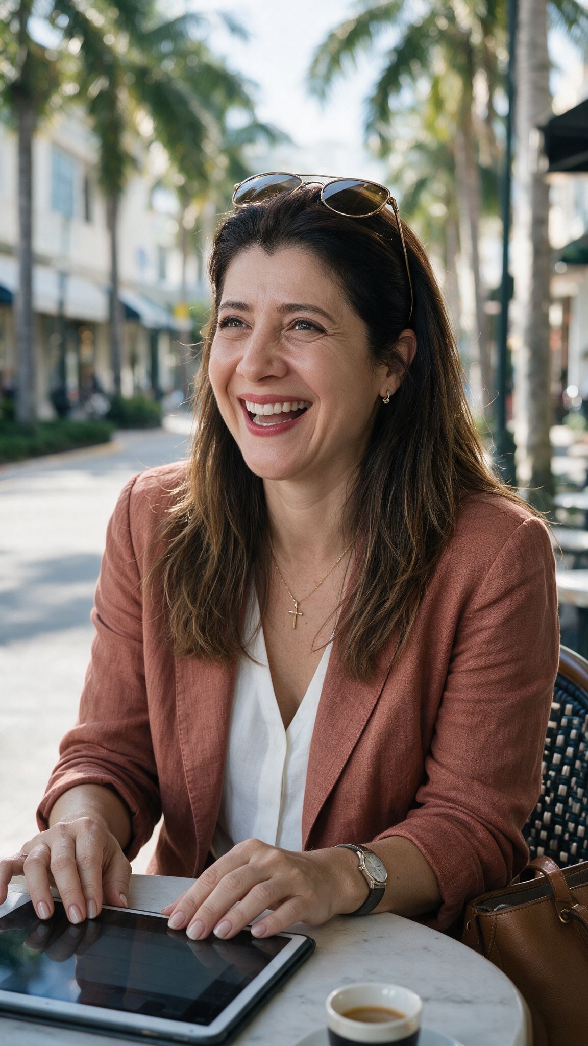 Marcia sorrindo em uma rua de Miami
