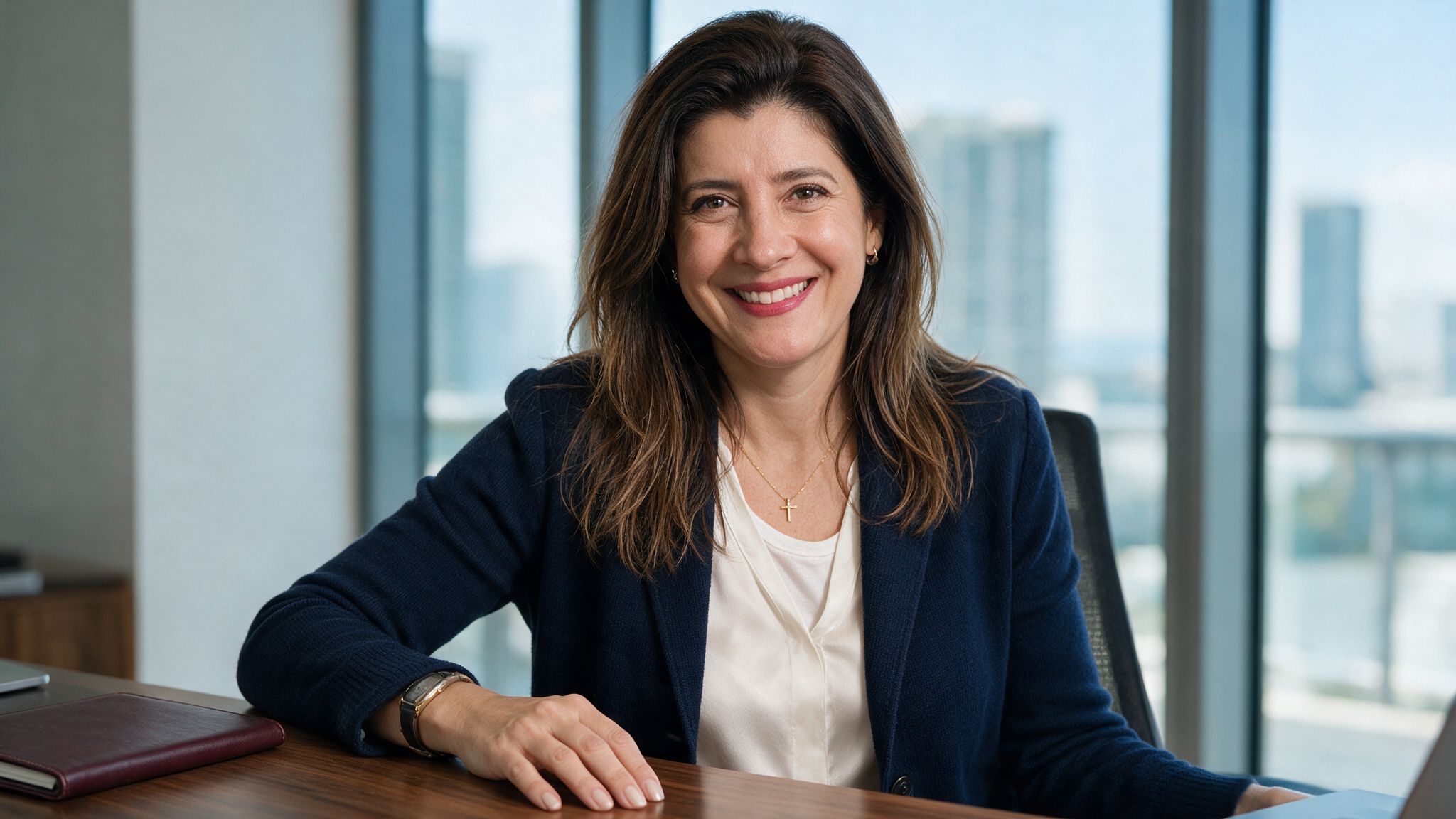 Marcia sorrindo, sentada à mesa em um escritório com vista para a cidade